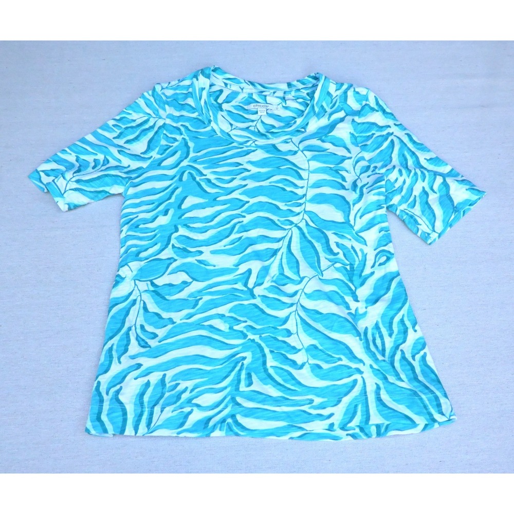 Chicos Womens 1 US M Turquoise Leaf Print Cotton Tee Scoop Neck Elbow Sleeve